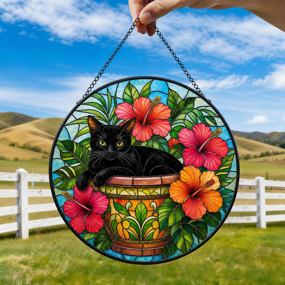 Cat Stained Glass Suncatcher Window Hanging Acrylic with Hibiscus Flowers Gift