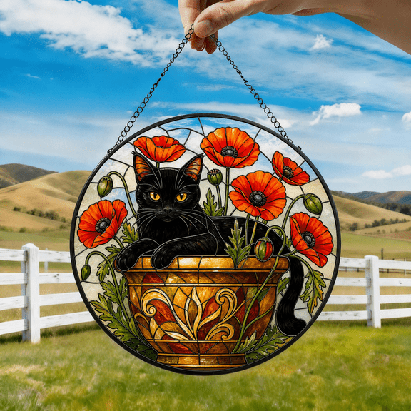 Cat Stained Glass Suncatcher Window Hanging Acrylic with Poppy Flowers Gift