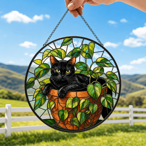 Cat Stained Glass Suncatcher Window Hanging Acrylic with Pothos Plant Gift