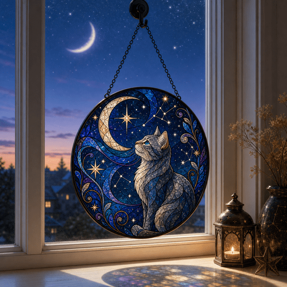 Cat Stained Glass Suncatcher Window Hanging, Celestial Cat Gift for Cat Lovers