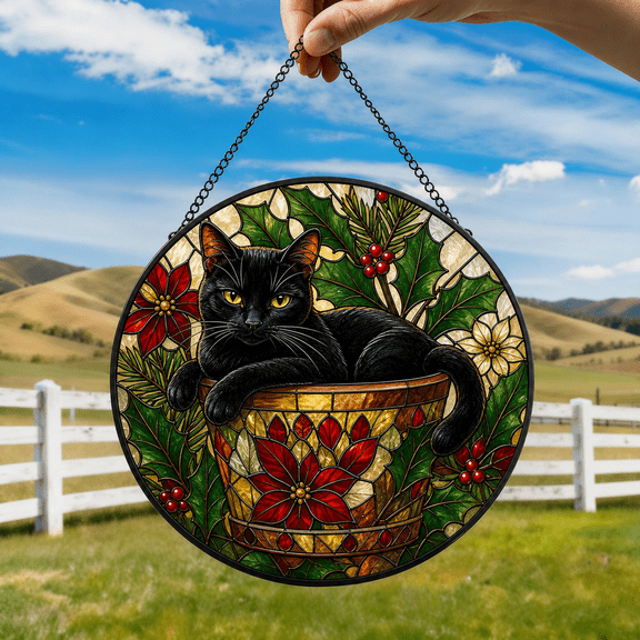 Cat Stained Glass Suncatcher Window Hanging Christmas Holiday Gift