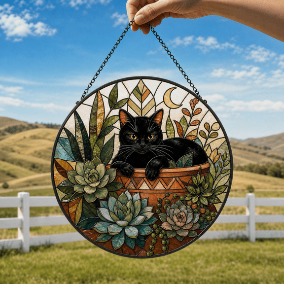 Cat Stained Glass Suncatcher Window Hanging for Cat Lovers, Boho Gift