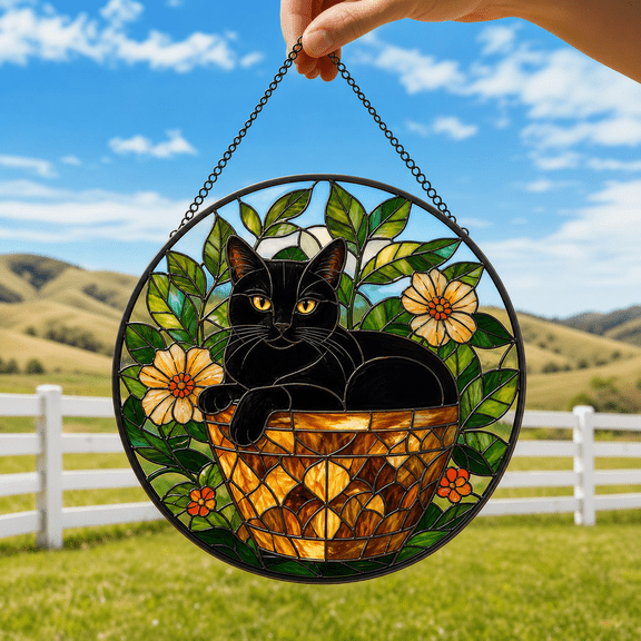 Cat Stained Glass Suncatcher Window Hanging for Entryway, Flower Pot Gift