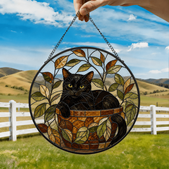 Cat Stained Glass Suncatcher Window Hanging in Earth Tones, Gift for Cat Lovers
