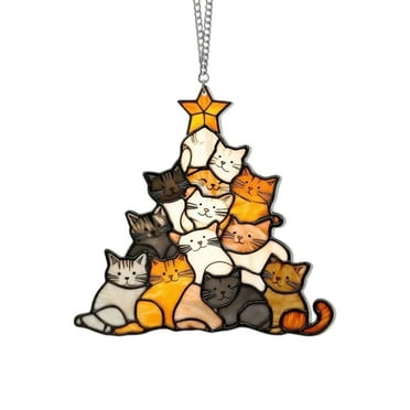 Cat Stained Glass Window Hanging Christmas Decoration, Suncatcher on Christmas Tree, Hanging Indoor Window Decoration