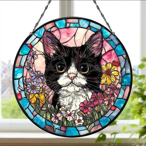 Cat Stained Glass Window Panel - Stained Glass Art | Poppies Flower Tabby Cat Design | Flowers Field Hanging Decor | Mothers Day Gift For Mom Cat Lover | Window Display