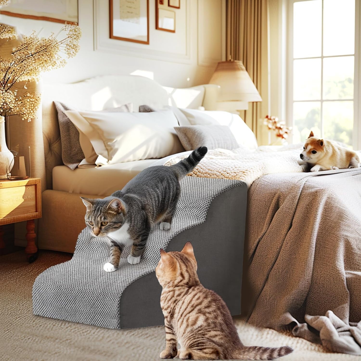 Cat Stairs, 3Steps Cat Stairs For Old Cats, Gentle Slop Design For