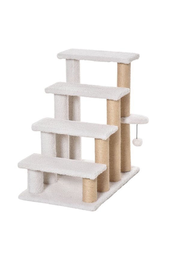 Cat Stairs 4-Level Pet Steps for Bed/Sofa - Carpeted Cat Tree with Scratching Posts & Hanging Ball - Kitten Climber Ramp - White