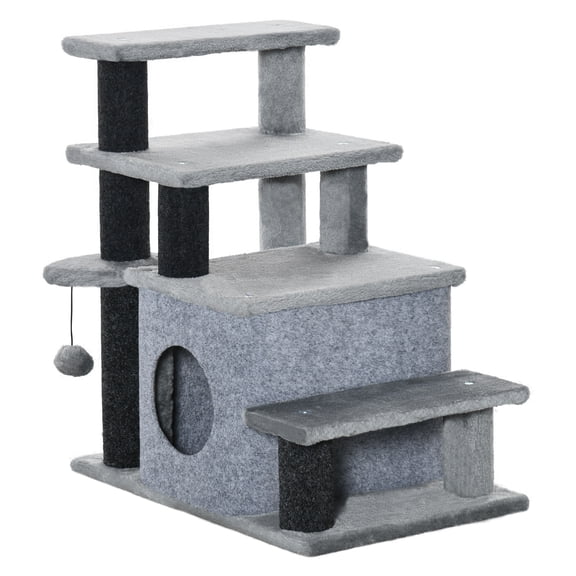 Cat Stairs with Scratching Post, 3/4 Step Pet Steps for Bed Sofa, Cat Condo, Toy Ball - Gray