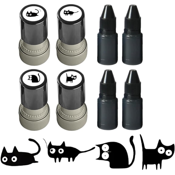 Cat Stamps Self Inking | 4Pc Cats Pattern Stamp | Cute Black Cat Teacher Stamps with 4 Bottles of Black Ink | Mini Kitten DIY Decorative Journaling Stamp for Kids, Teacher Rewards & Scrapbooks