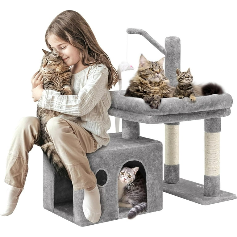 Cat Stand 32 inch Short Cat Tree with Extra Large Padded Platform Senior Cat Tree Large Cat Condo for Adults Large Indoor Cat Kittens Light Grey