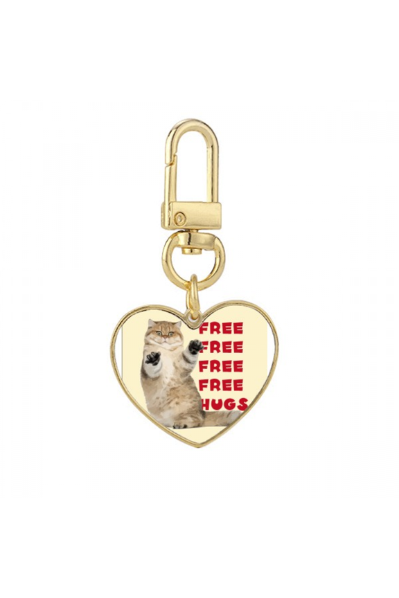 Cat Standing Arms Embracing Gold Heart Keychain Metal Keyring Holder