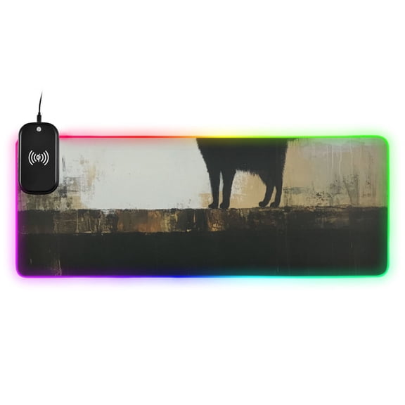 Cat Standing on A Wooden Bridge Wireless Charging RGB Gaming Mouse Pad Large Keyboard Mat Rubber Base 13 Light Modes