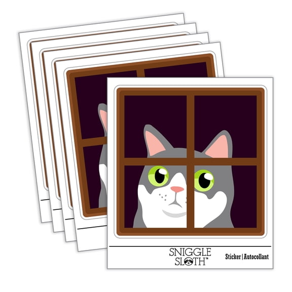 Cat Staring Out Window Car Window Bumper Water Bottle Phone Tablet Laptop Waterproof Vinyl Decal Sticker Set 5-Pack - Gloss Finish - 4.0"