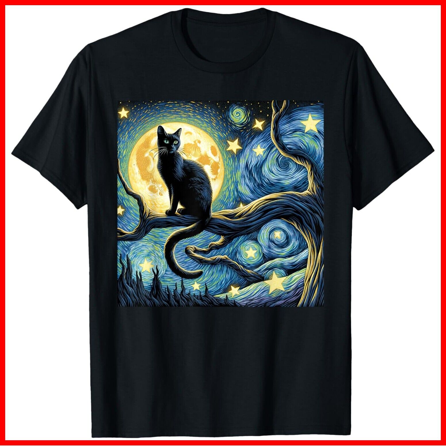 Cat Starry Night, Cat Van Gogh, Cat Art, Funny Cat Black Cotton TShirt