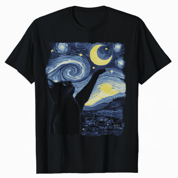 Cat Starry Night Painting Funny Painting Art Women Girls Kid T-Shirt