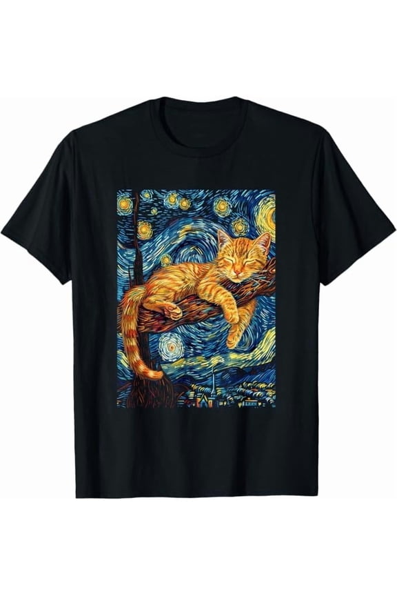 Cat Starry Night T-Shirt Cat Lover Shirt for Women Men Unisex Crewneck Short Sleeve Graphic Tees