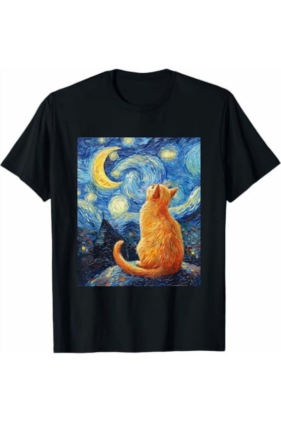 Cat Starry Night T-Shirt Cat Lover Shirt for Women Men Unisex Crewneck Short Sleeve Graphic Tees