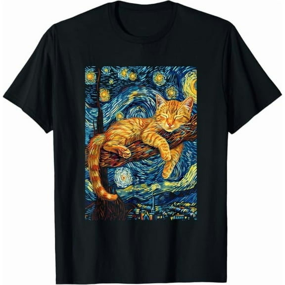 Cat Starry Night T-Shirt Cat Lover Shirt for Women Men Unisex Crewneck Short Sleeve Graphic Tees
