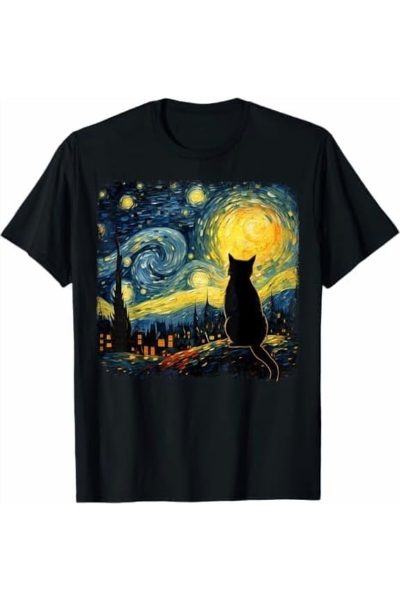 Cat Starry Night T-Shirt Cat Lover Shirt for Women Men Unisex Crewneck Short Sleeve Graphic Tees