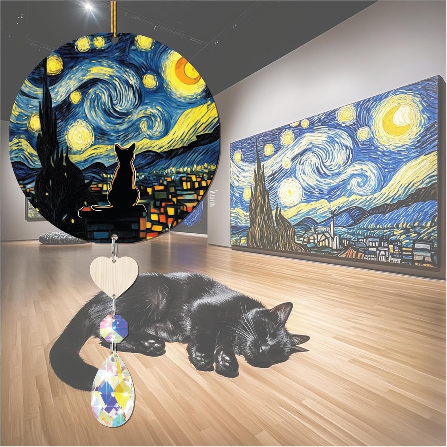 Cat Starry Night Van Gogh Black Cat Stained Glass Suncatcher with ...