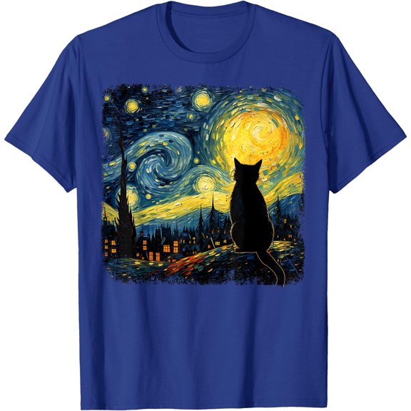 Cat Starry Night Van Gogh Cat Lover Mom Dad Unisex T-Shirt for Men Women Kids Toddler,Royal Blue Color,Size M