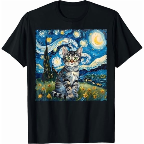 Cat Starry Night Van Gogh T-Shirt Cat Lover Shirt for Women Men Unisex Crewneck Short Sleeve Graphic Tees