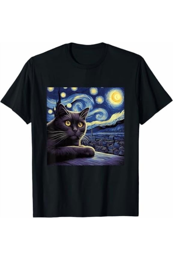 Van Gogh T-Shirt Cat Lover Shirt for Women Men Unisex Crewneck Short Sleeve Graphic Tees