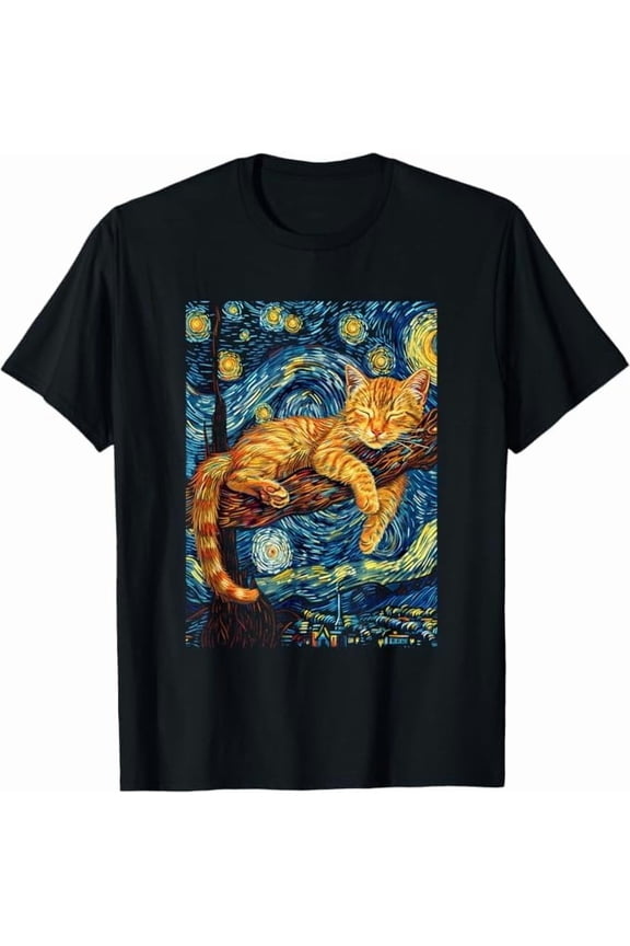 Cat Starry Night Van Gogh T-Shirt Cat Lover Shirt for Women Men Unisex Crewneck Short Sleeve Graphic Tees