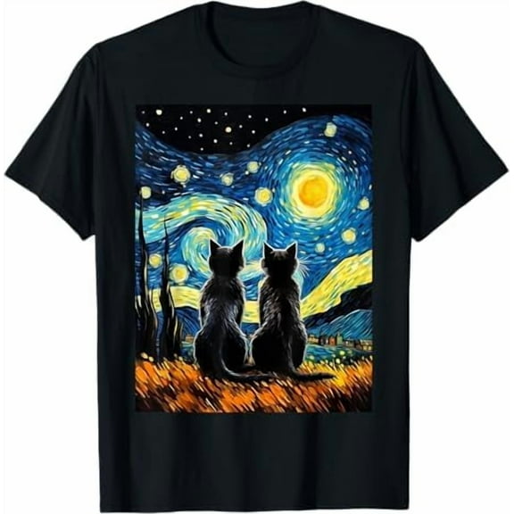 Cat Starry Night Van Gogh T-Shirt Gift for Cat Lover Mom & Dad Shirt Unisex Crewneck Short Sleeve Graphic Tees