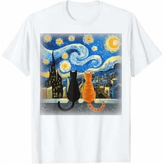 Cat Starry Night Van Gogh T-Shirt Gift for Cat Lover Mom & Dad Shirt Unisex Crewneck Short Sleeve Graphic Tees