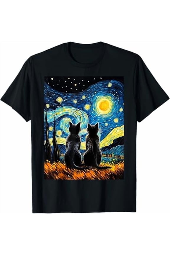 Cat Starry Night Van Gogh T-Shirt Gift for Cat Lover Mom & Dad Shirt Unisex Crewneck Short Sleeve Graphic Tees