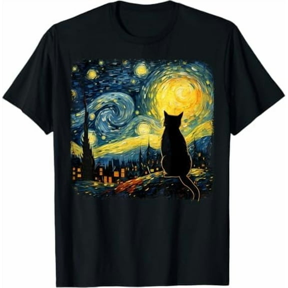 Cat Starry Night Van Gogh T-Shirt Gift for Cat Lover Mom & Dad Shirt Unisex Crewneck Short Sleeve Graphic Tees