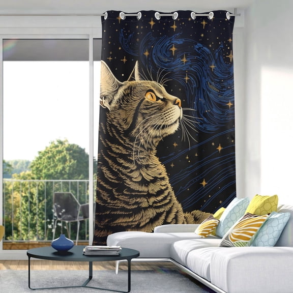 Cat Starry Sky Blackout Curtain Panels Drapes Privacy Assured with Light Filtering Curtains for Living room Bedroom Bathroom Window