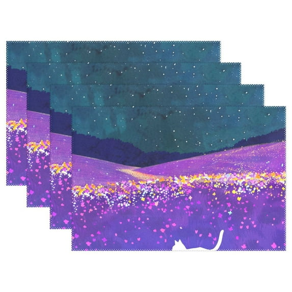 Cat Starry Sky Grassland 12×18 inch Placemats Heat Resistant Washable Foldable Rectangular Placemats Set Decoration Indoor Outdoor for Kitchen Dining Table 4PCs