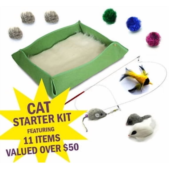 Kats'N Us Cat Starter Kit with Bed (18" x 17" x 4") - Green - Wand Teaser Set