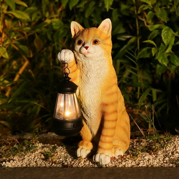Cat Statue Garden Decor with LED Lantern for Outside -Resin patio Art Gift for lover,Cat Statues for Garden,Patio,Yard Decoration