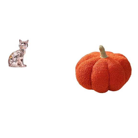 Cat Statue Pumpkin Pillow Decorative Figurine Ceramic Plush Material for Home Bedroom Halloween Decor