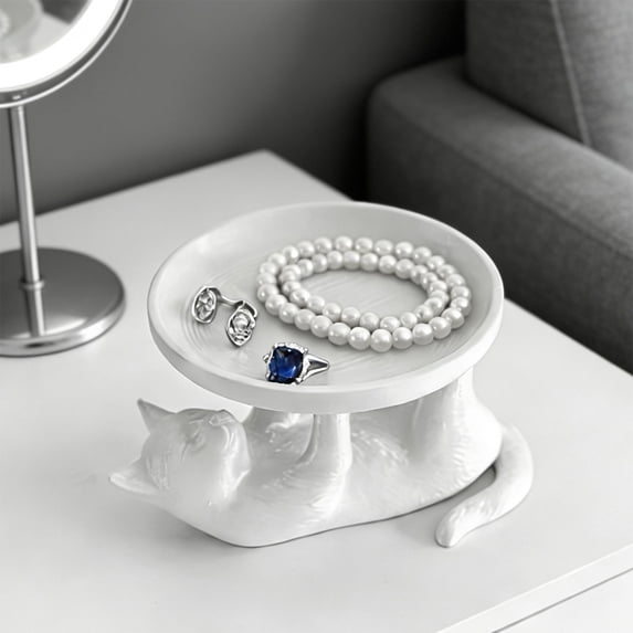 Cat Statue with Tray,Key Tray for Entryway TableCat Jewelry Dish Ring Holder Tray,,Animal Sculpture with Tray Storage Key Holder Candy Jewelry Earrings Tray,Figurines Entryway Table Modern Decor