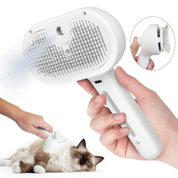 Cat Steam Brush, 3 In 1 Steamy Cat Brush with Release Button and Tank, Anti-Static Pet Spray Hair Removal Comb, Rechargeable Dog Steam Comb for Furry Pet