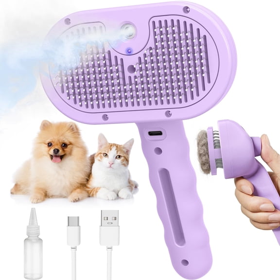 TIJITY Cat Steam Brush, 3 in 1 Self Cleaning Steam Grooming Brush Hair Removal Tool for Dogs & Cats, Pet Spray Hair Removal Comb with Release Button, Purple
