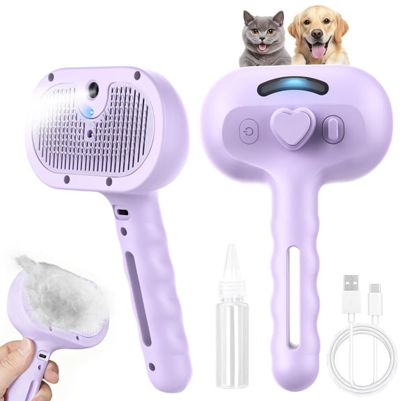 TIJITY Cat Steam Brush, 3 in 1 Self Cleaning Steam Grooming Brush Hair Removal Tool for Dogs & Cats, Pet Spray Hair Removal Comb with Release Button, Purple