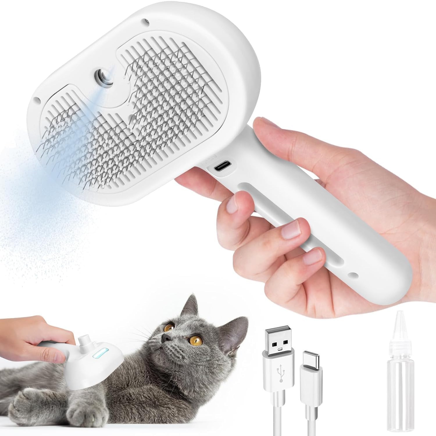 View of Cat Steam Brush, Pet Spray Hair Removal Comb with Release Button for ...