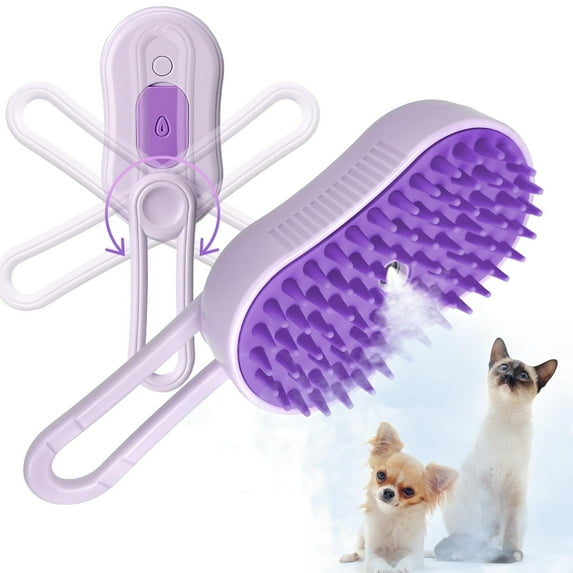 Cat Steam Brush for Shedding, 4 in 1 Rechargeable Steam Brush for Cats and Dogs, Anti-Static, Massage, Cleaning, Shedding & Combing All In One - Purple
