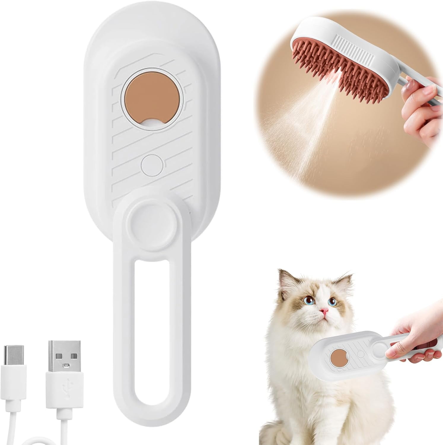 Rechargeable Steam Grooming Brush For Cats & Dogs - 2-Speed Spray, Blue Light, Self-Cleaning | Pink Pet Hair Brush