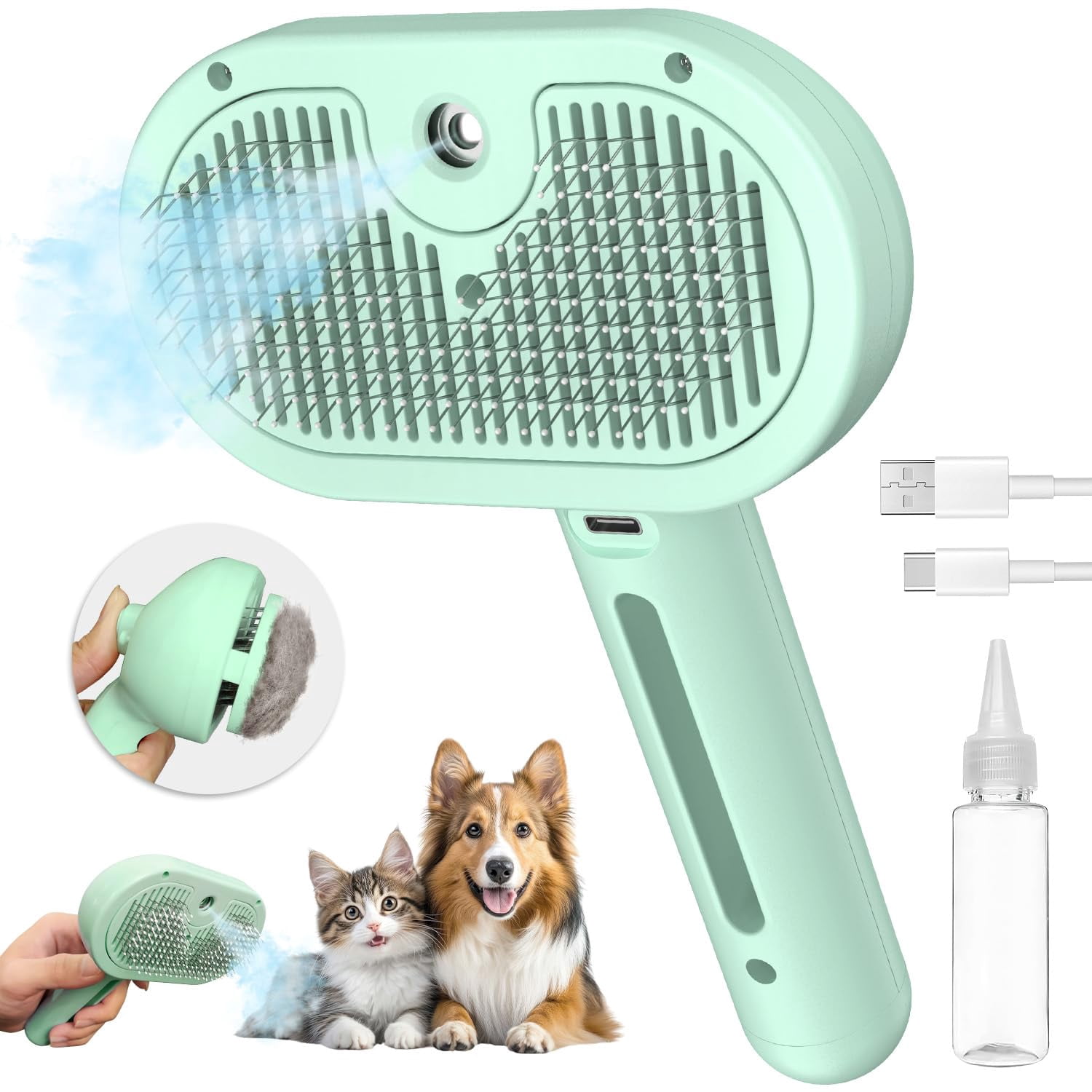 Cat Steam Brush for Shedding, 3-in-1 Self-Cleaning Grooming Comb for Long & Short Hair Cats & Dogs, Type-C Fast Charging (White)