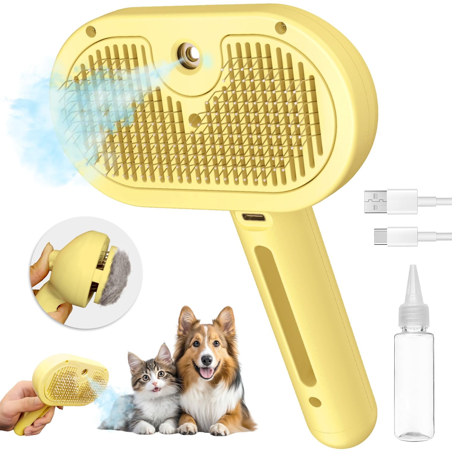 Cat Steam Brush for Shedding, 3-in-1 Self-Cleaning Grooming Comb for Long & Short Hair Cats & Dogs, Type-C Fast Charging (White)