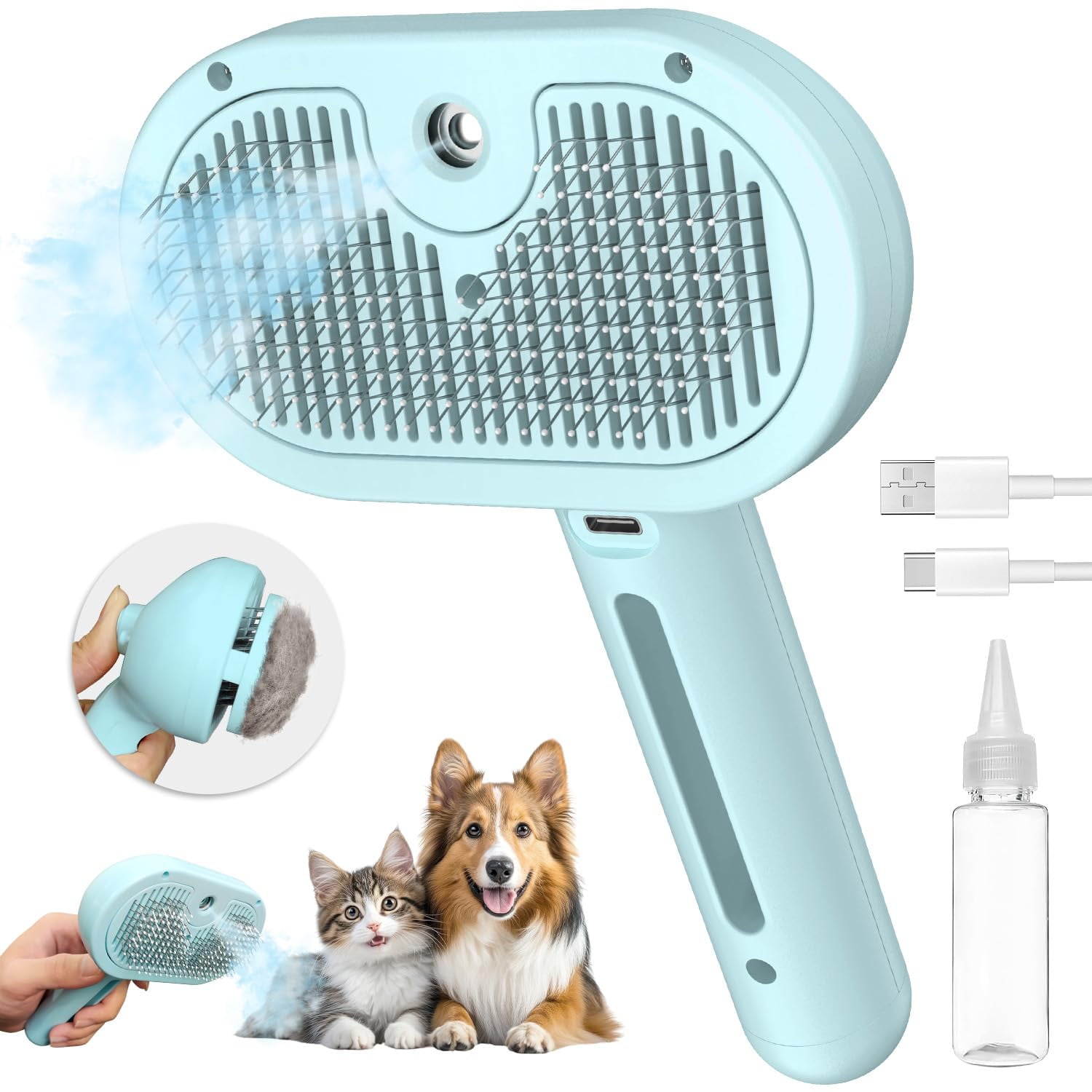 Cat Steam Brush for Shedding, 3-in-1 Self-Cleaning Grooming Comb for Long & Short Hair Cats & Dogs, Type-C Fast Charging (White)