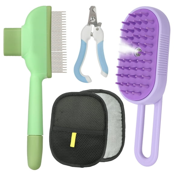 Cat Steam Brush for Shedding, 4-in-1 Rechargeable Pet Grooming Kit with Steam Brush, Self-Cleaning Flea Comb, Nail Clippers & Hair Remover Glove