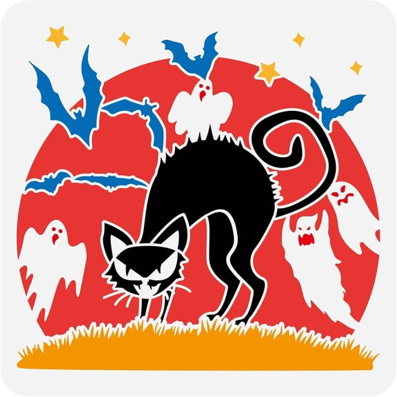 Cat Stencil 11.8x11.8 inch Black Cat Stencil Template Plastic Cat Bat Ghost Stars Patterns Stencil Reusable Drawing Painting Stencils for DIY Painting Crafts Holiday Decor
